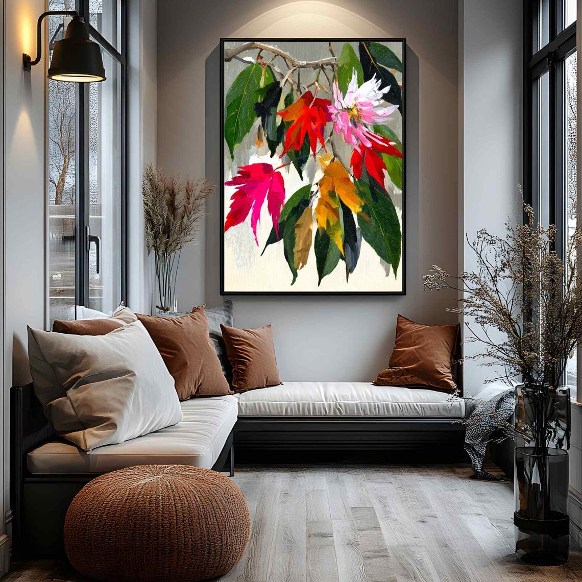 Japanese Botanical Autumn Leaves Red Maple Flower Vibrant Color Poster