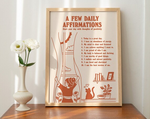 Affirmations Wall Print Positive Affirmations Print Retro Wall Decor Prints Instant Art Orange
