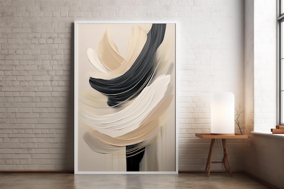 Neutral Beige Black Brush Abstract Wall Art Modern Print
