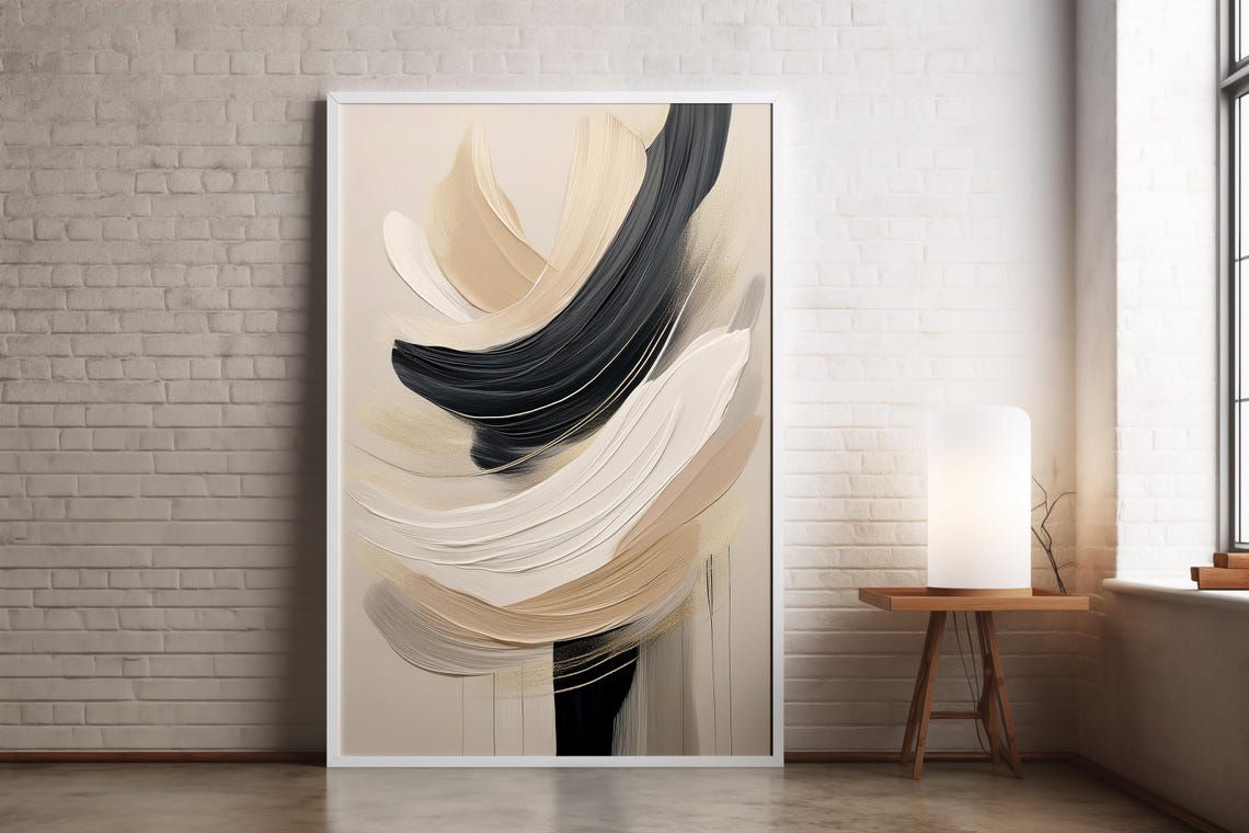 Neutral Beige Black Brush Stroke Abstract Modern Minimalist Poster