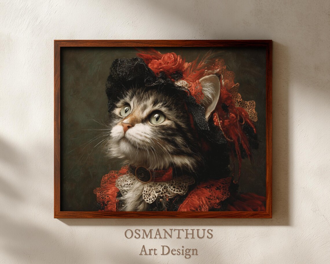 Tabby Cat In Red Vintage Costume With Feathered Headdress Poster