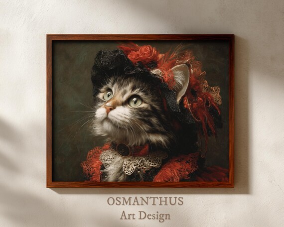 Tabby Cat In Red Vintage Costume With Feathered Headdress Poster
