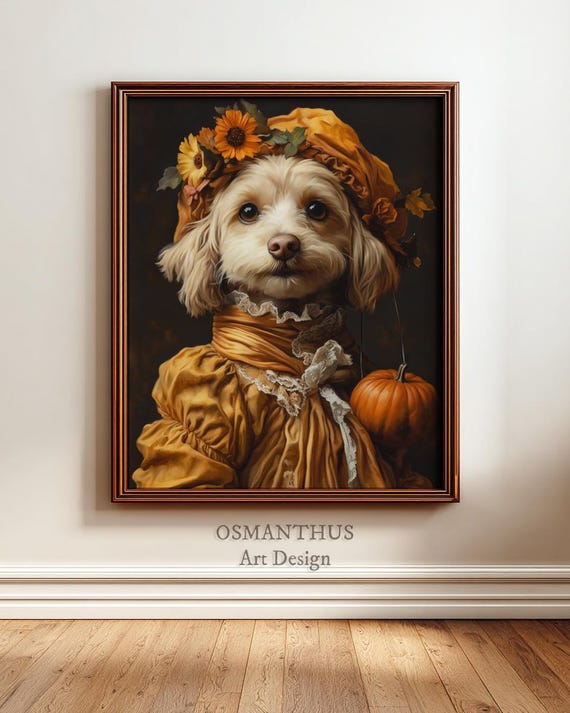 Halloween Dog Portrait In Costume Charming Fall Art Rustic Autumn Decor Funny Pet Oil Painting Wall Pumpkin 111