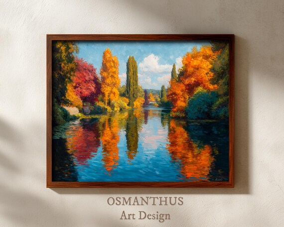 Autumn River With Colorful Fall Reflections Impressionist Landscape Poster