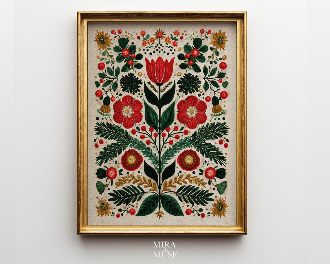 Vintage Folk Floral Symmetrical Red Botanical Boho Nature Poster