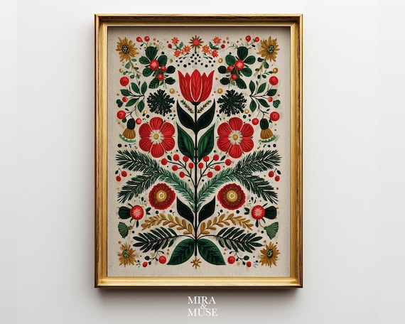 Vintage Folk Floral Symmetrical Red Botanical Boho Nature Poster