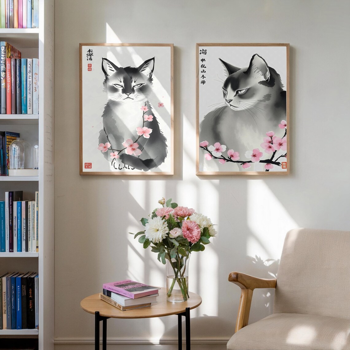 Japanese Cat Portraits, Sumi-E Style Zen Decor - Image 2
