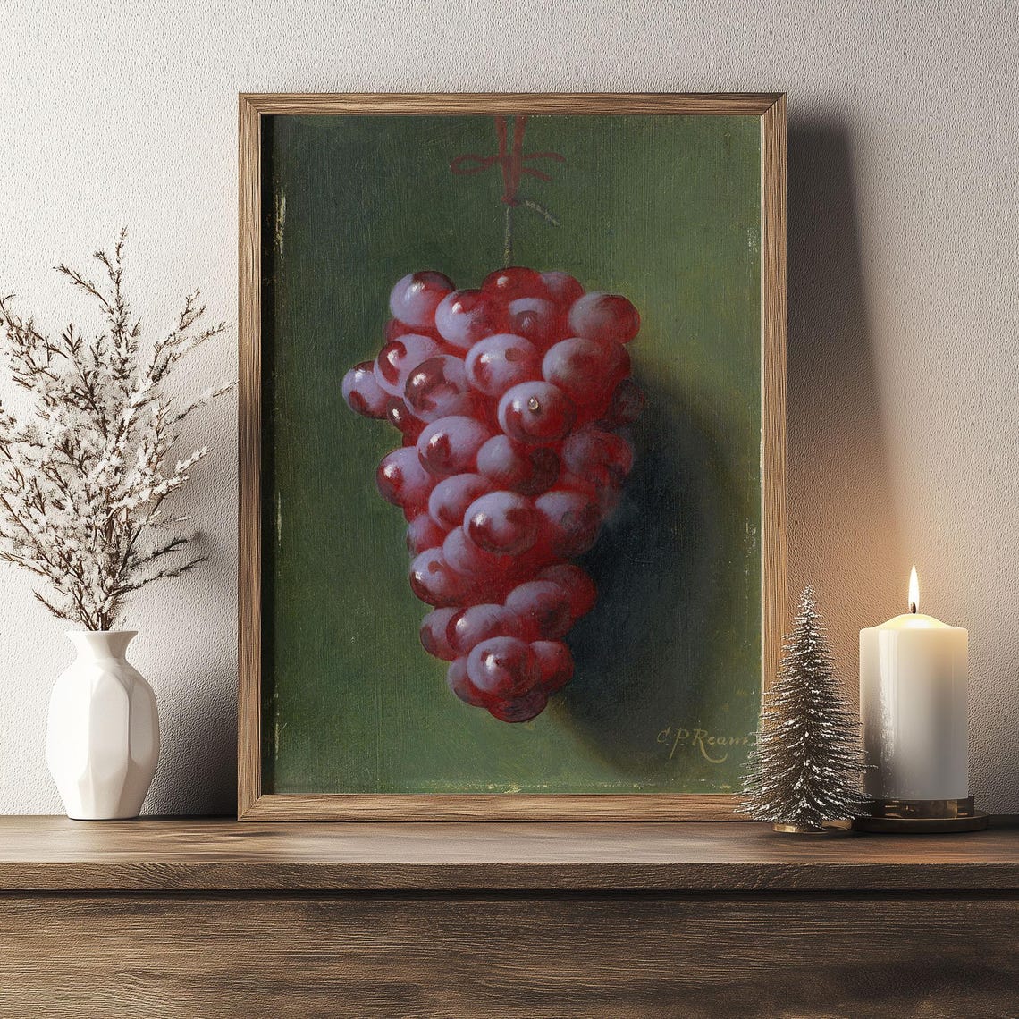 Hanging Red Grapes Classic Still Life Dark Green Vintage Poster - Image 2