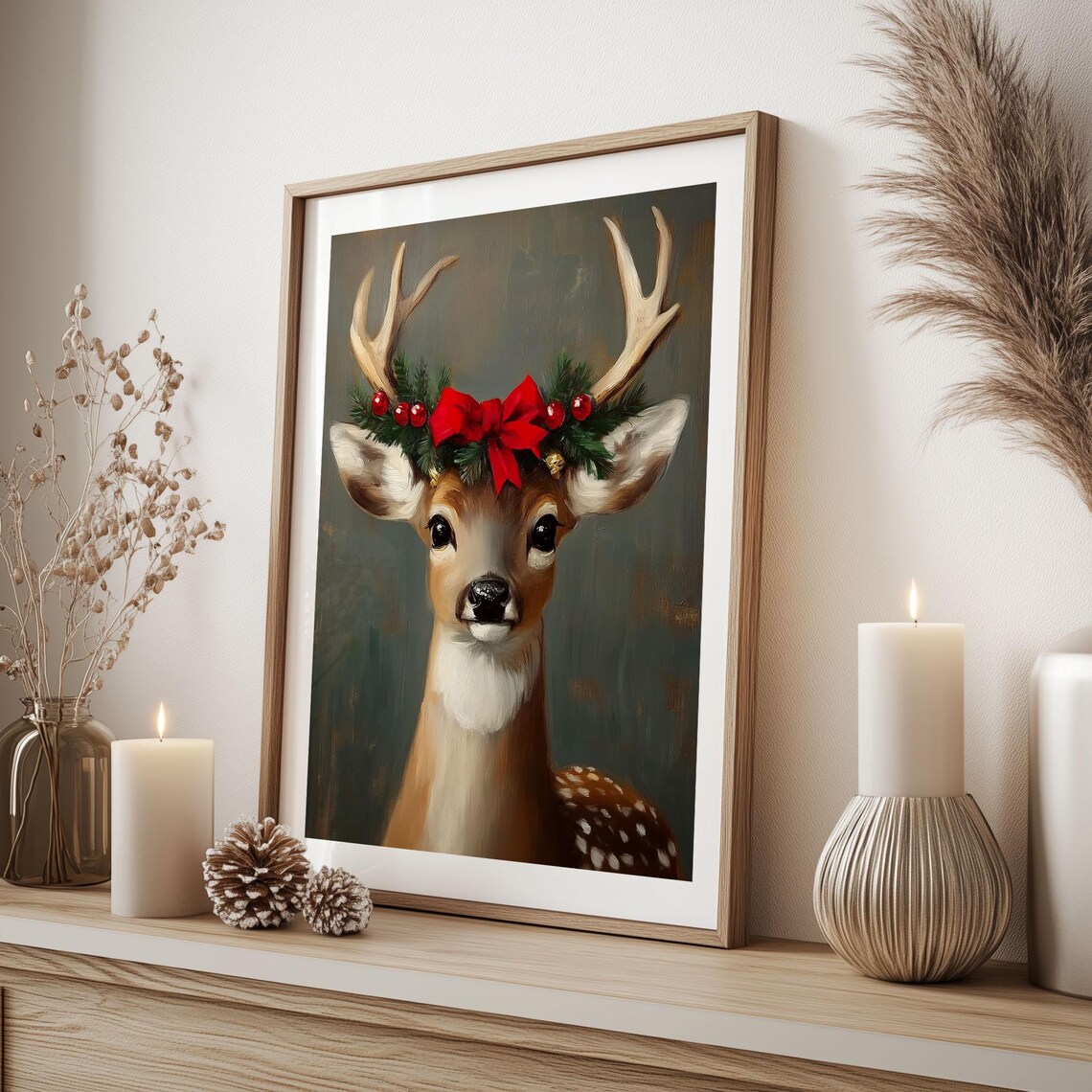 Young Deer Portrait with Christmas Bow Antlers Oil Painting Poster - Image 6