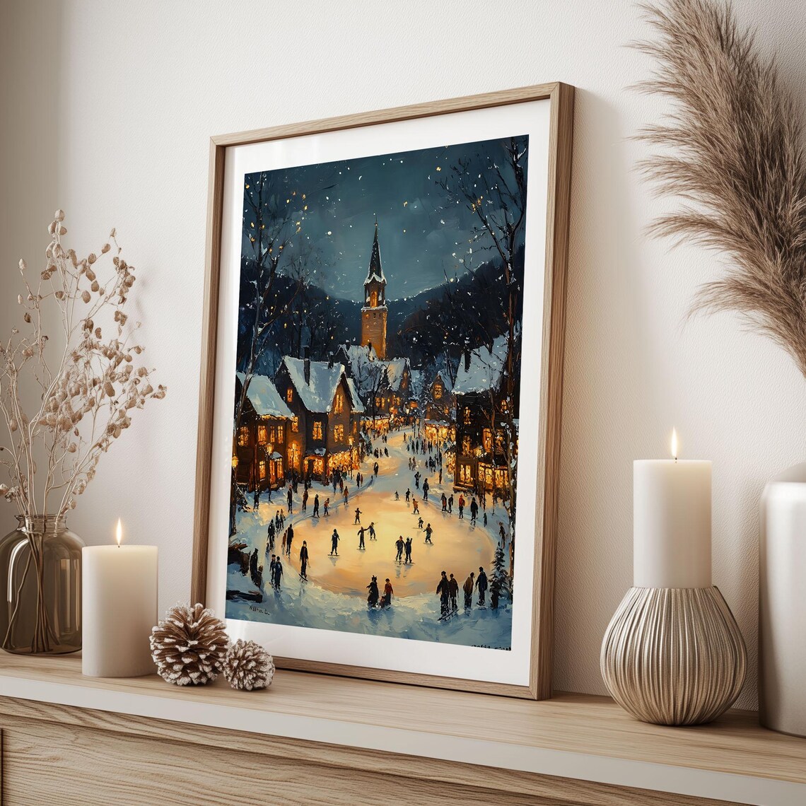 Village Ice Rink Night Church Tower Snowy Town Oil Painting Poster - Image 4
