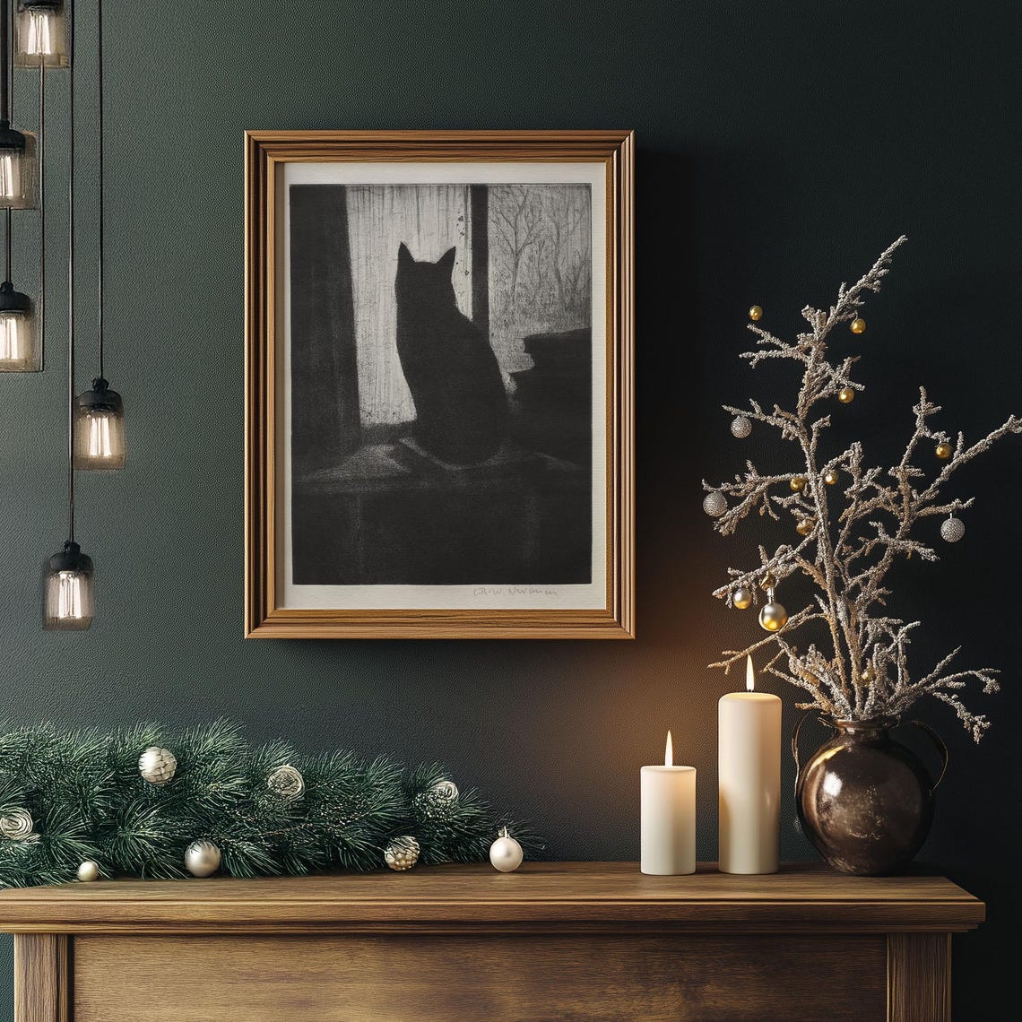 Black Cat Silhouette at Window Charcoal Drawing Vintage Poster - Image 3