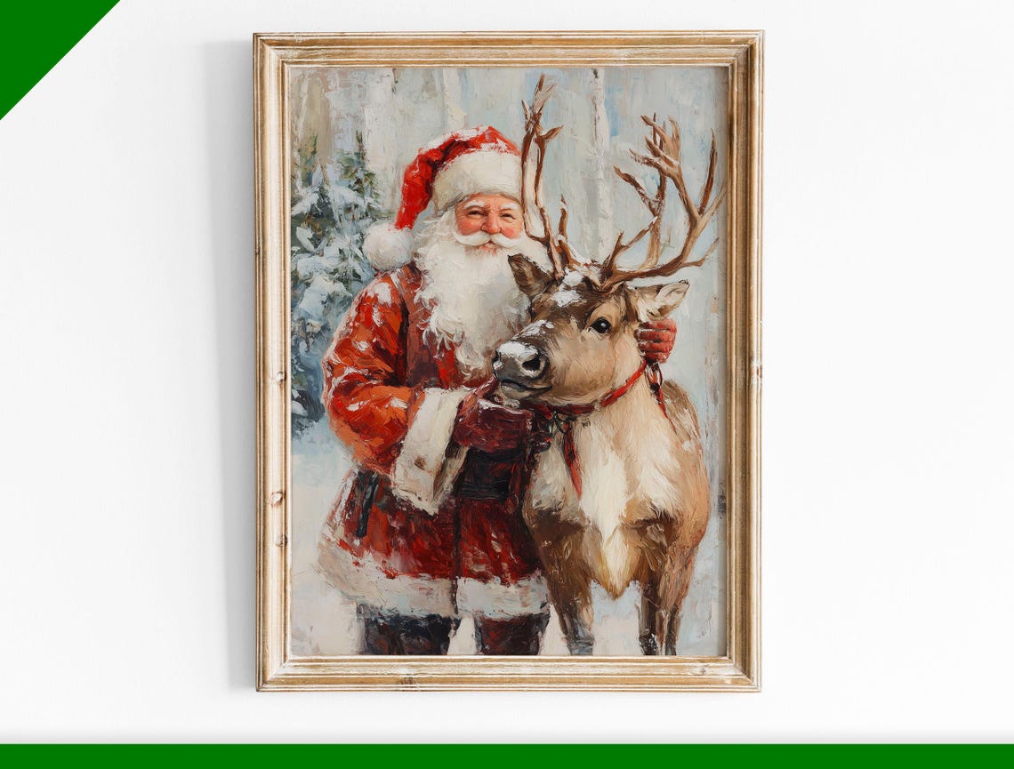 Santa Claus Hugging a Reindeer in the Snow Christmas Painting Poster