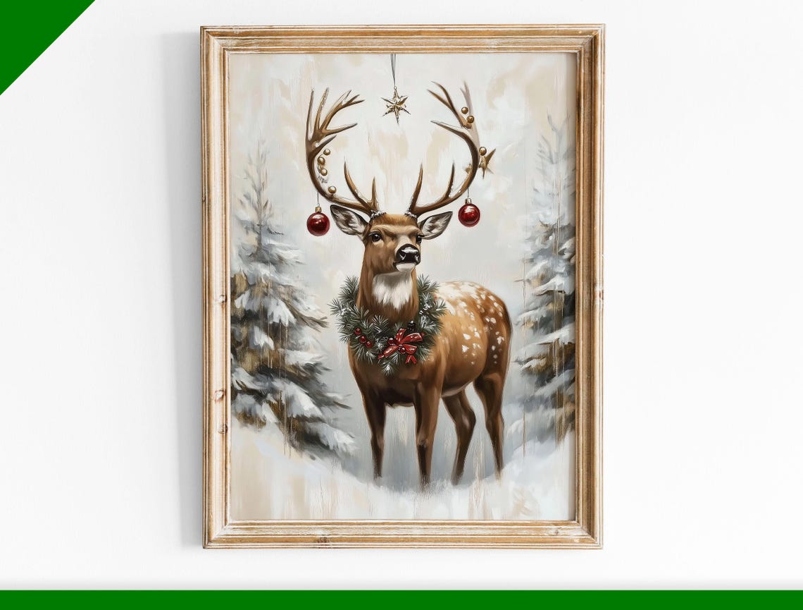 Festive Deer with Ornaments on Antlers and Wreath Christmas Poster