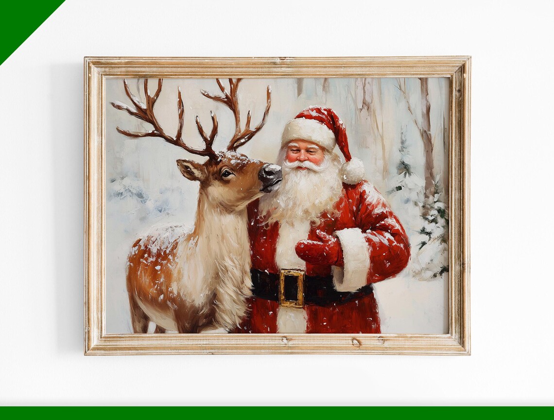 Santa Claus with Reindeer Nuzzling in Snowy Woods Christmas Poster