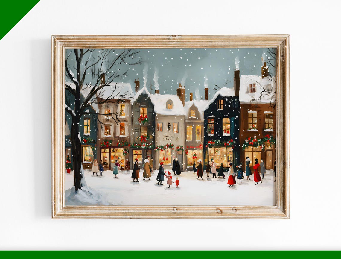 Snowy Christmas Village Shops Snowfall Night Oil Painting Poster