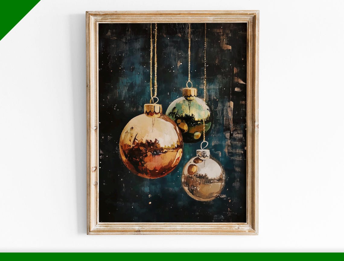 Metallic Gold Green and Silver Baubles on Dark Teal Christmas Poster
