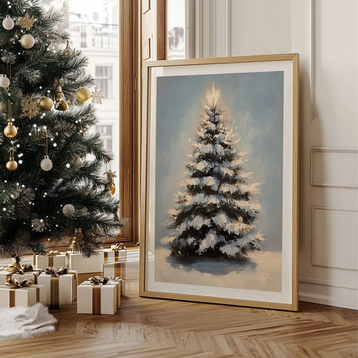 Snow Covered Pine Tree with Winter Glow Oil Painting Christmas Poster - Image 2