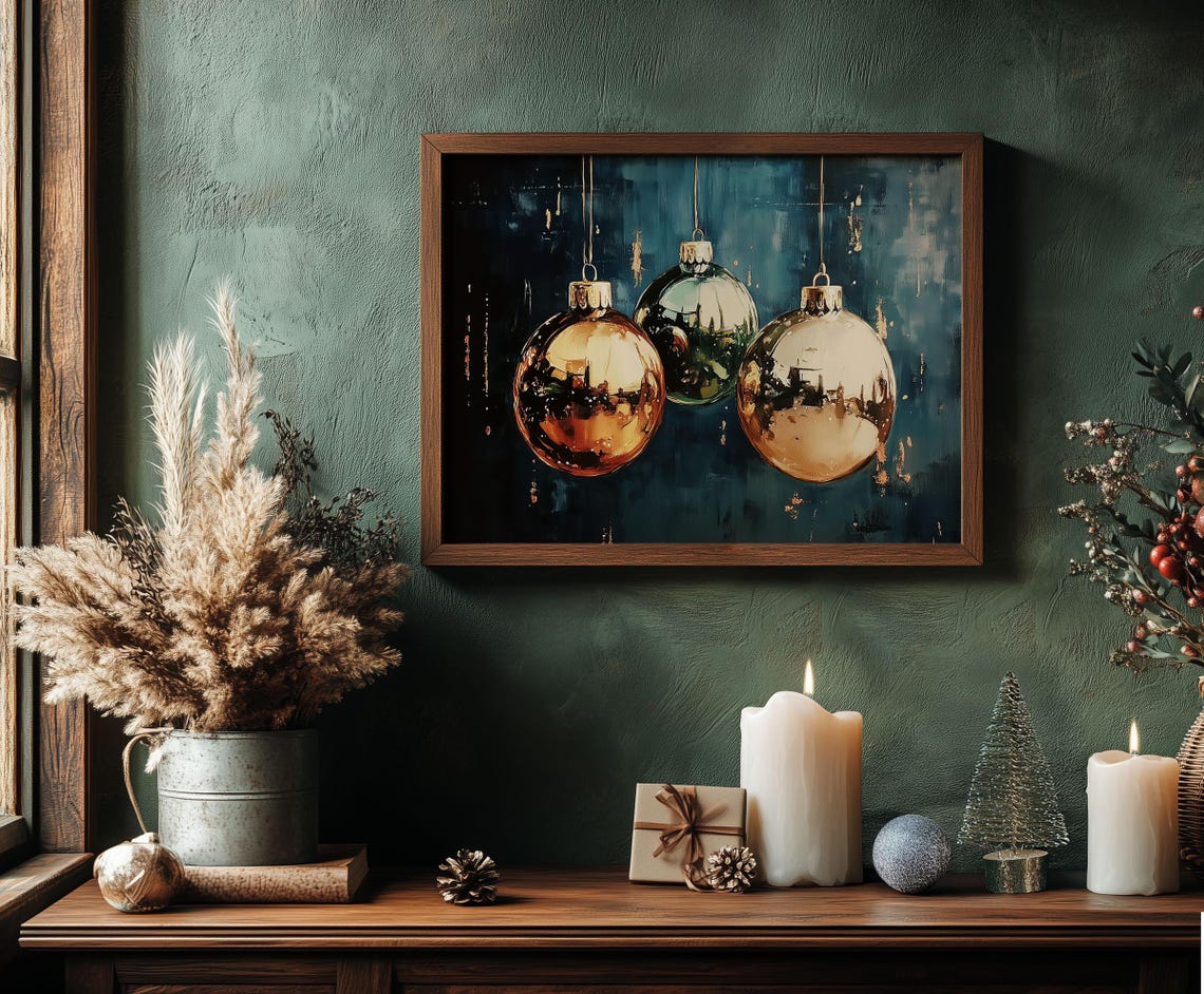 Copper and Green Hanging Christmas Baubles Dark Blue Oil Poster - Image 6