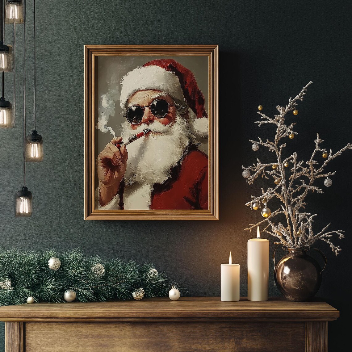 Cool Santa Claus With Sunglasses Smoking Pipe Portrait Poster - Image 3