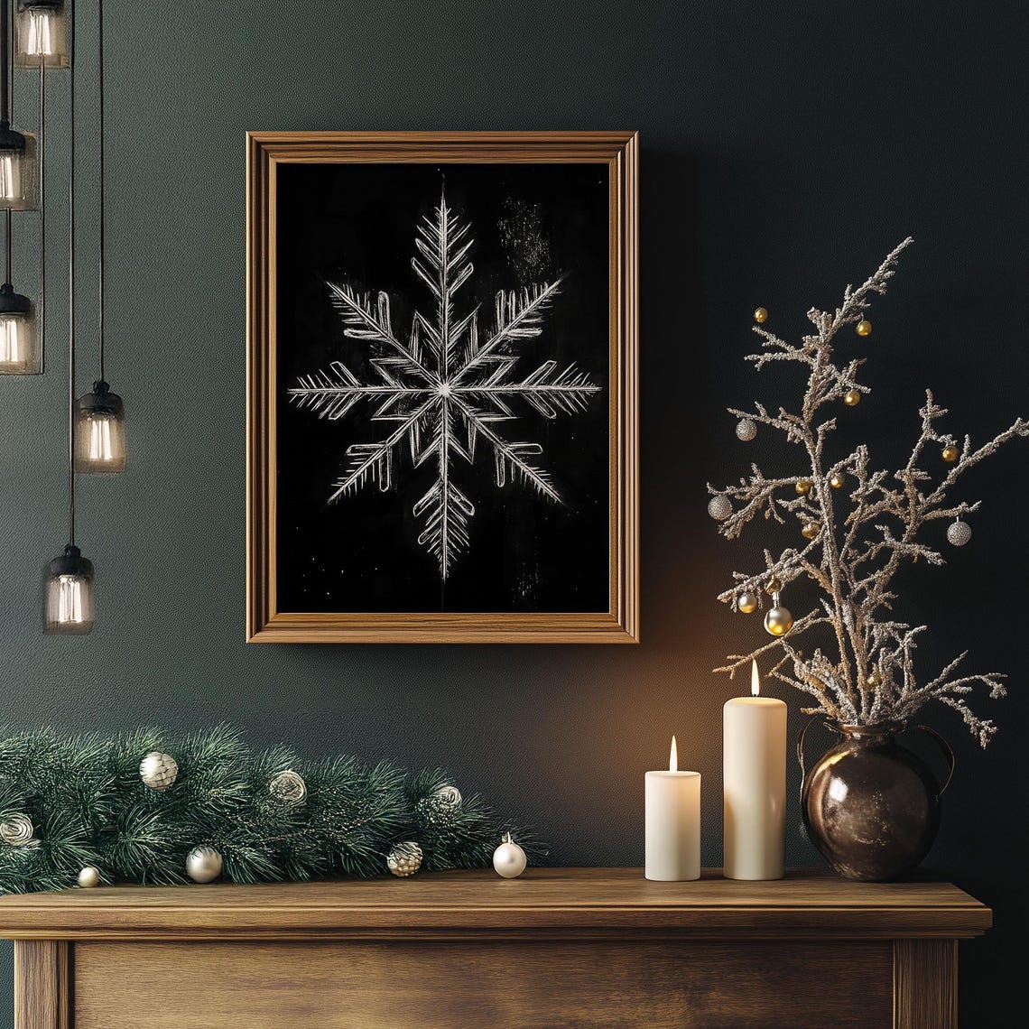 White Snowflake Chalk Drawing on Black Background Winter Poster - Image 4