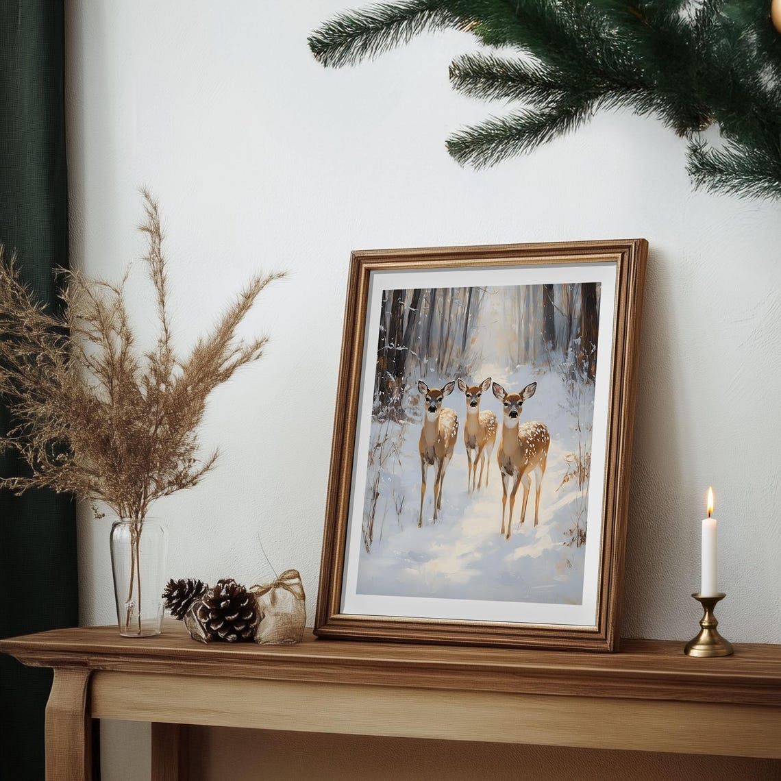Three Deer Fawns in Snowy Winter Forest Vintage Wildlife Poster - Image 6