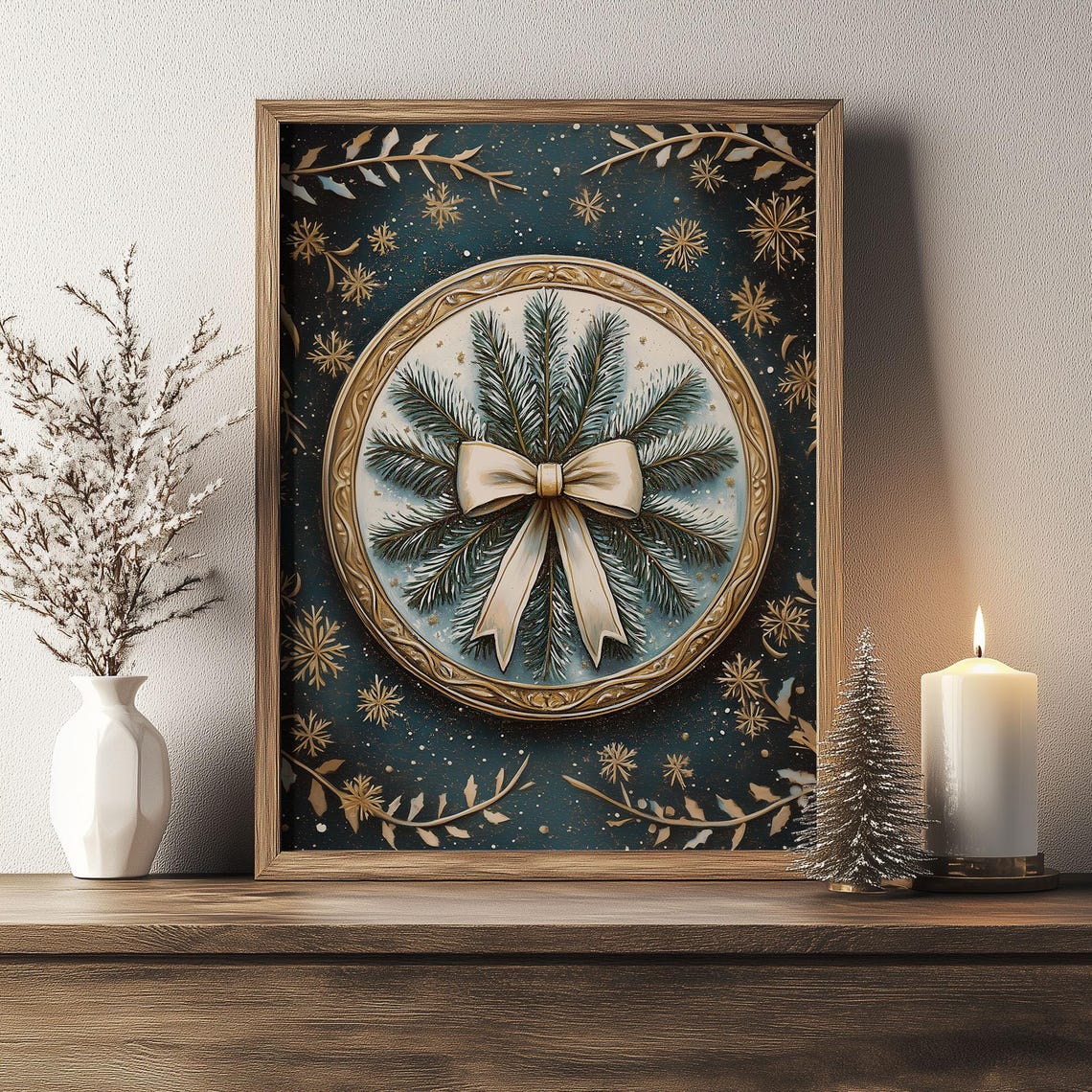 Frosted Pine Wreath Ivory Bow Vintage Holiday Medallion Poster - Image 4