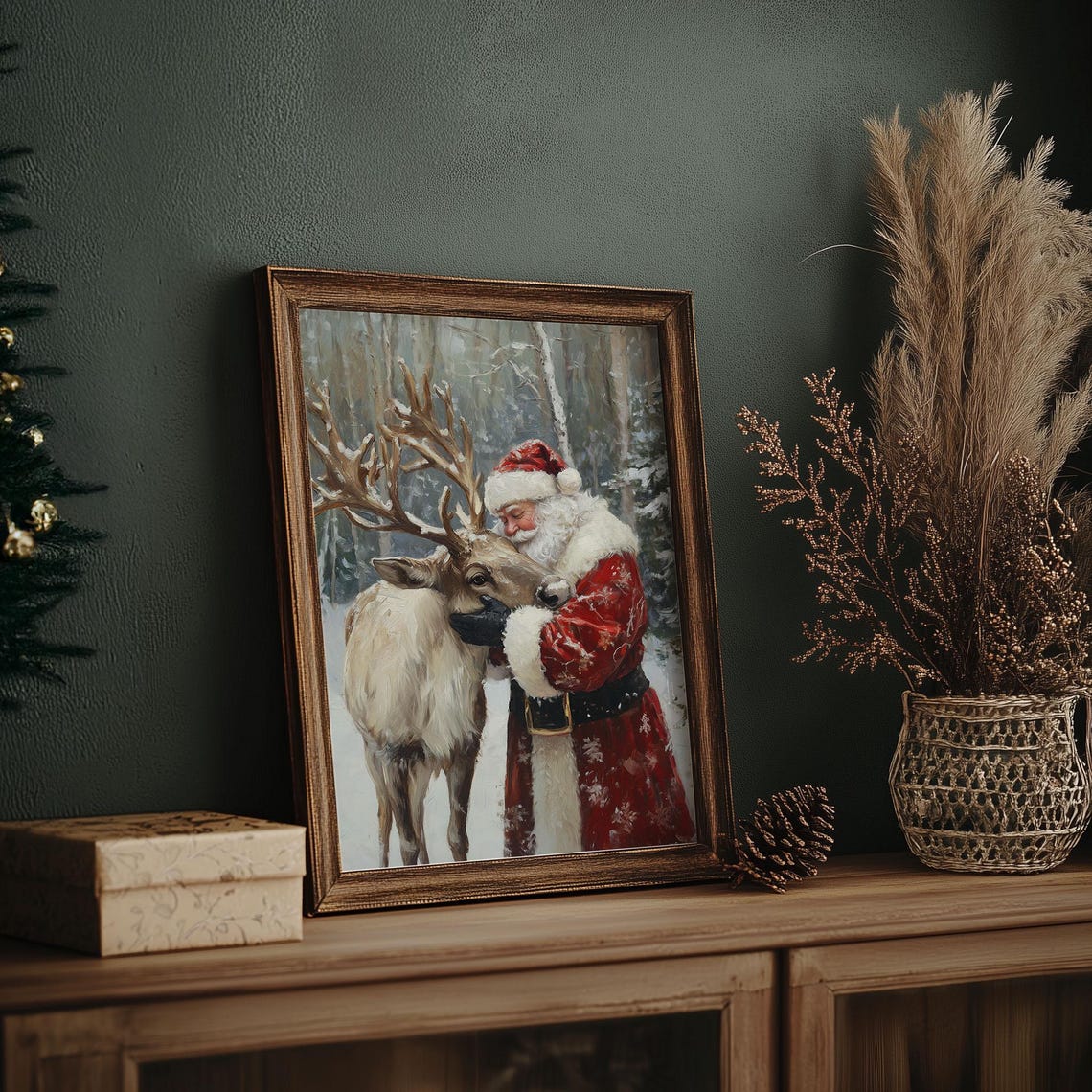 Santa Claus Hugging Reindeer in Snowy Forest Christmas Wall Art - Image 7