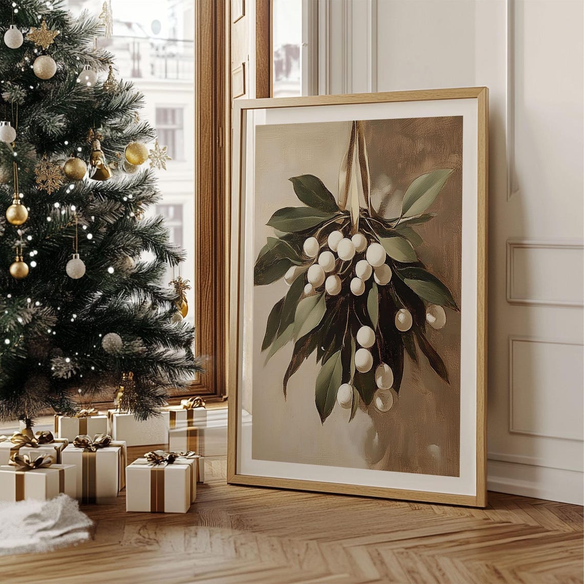 Hanging Mistletoe With White Berries Vintage Botanical Wall Art - Image 2