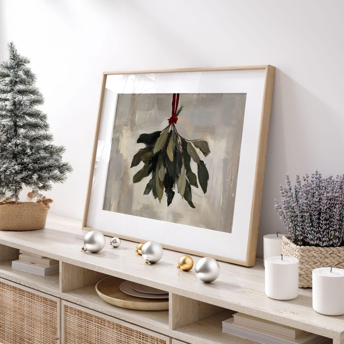 Hanging Mistletoe Bundle With Red Ribbon Vintage Holiday Poster - Image 2