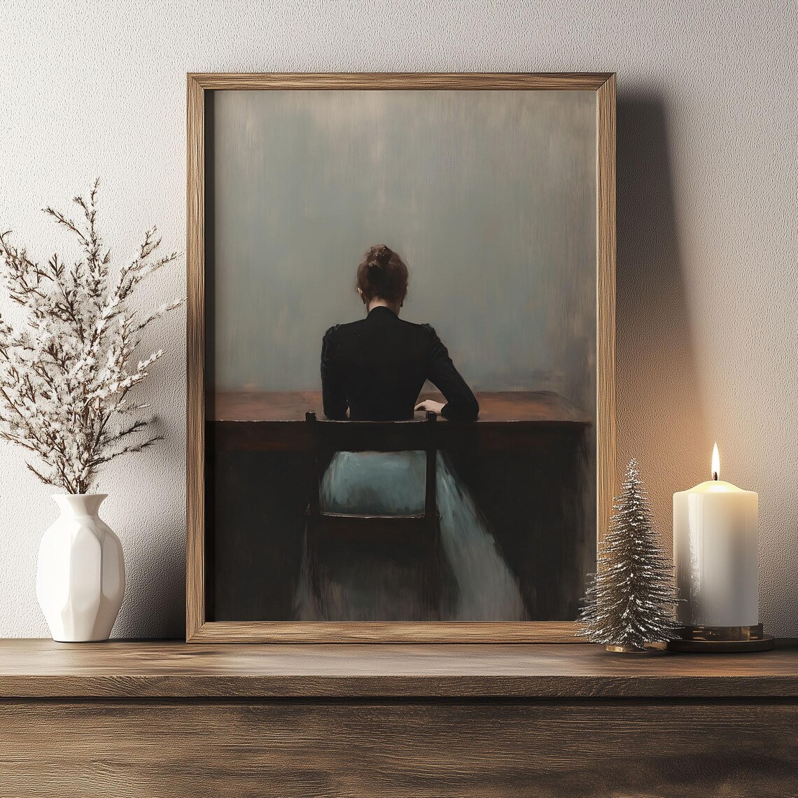 Seated Woman at Table from Behind Moody Vintage Oil Painting Poster - Image 2