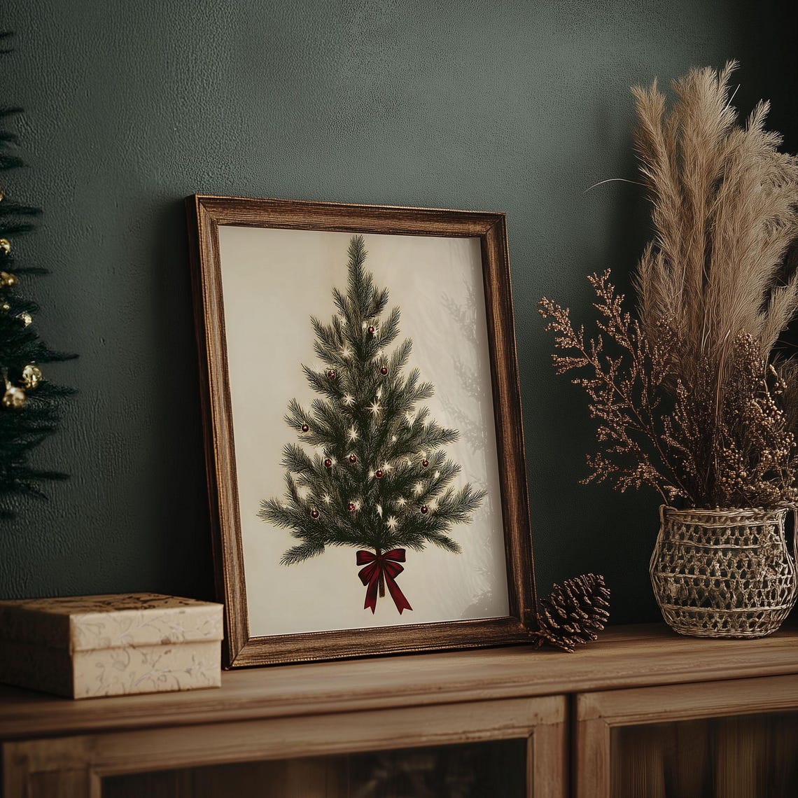 Sparse Minimalist Christmas Tree with Lights and Red Bow Poster - Image 7