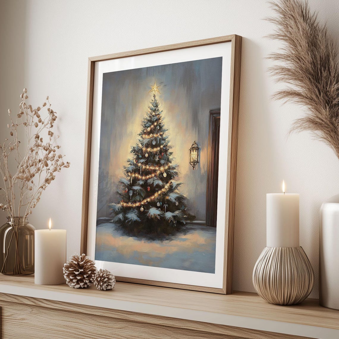 Lit Christmas Tree With Garland Lights Indoors Vintage Oil Poster - Image 3