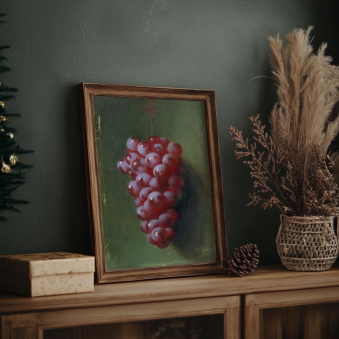 Hanging Red Grapes Classic Still Life Dark Green Vintage Poster - Image 5