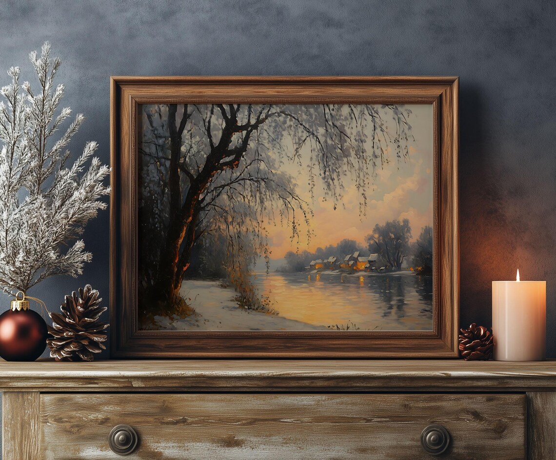 Winter Riverside Sunset Willow Trees Glowing Village Oil Painting Poster - Image 6