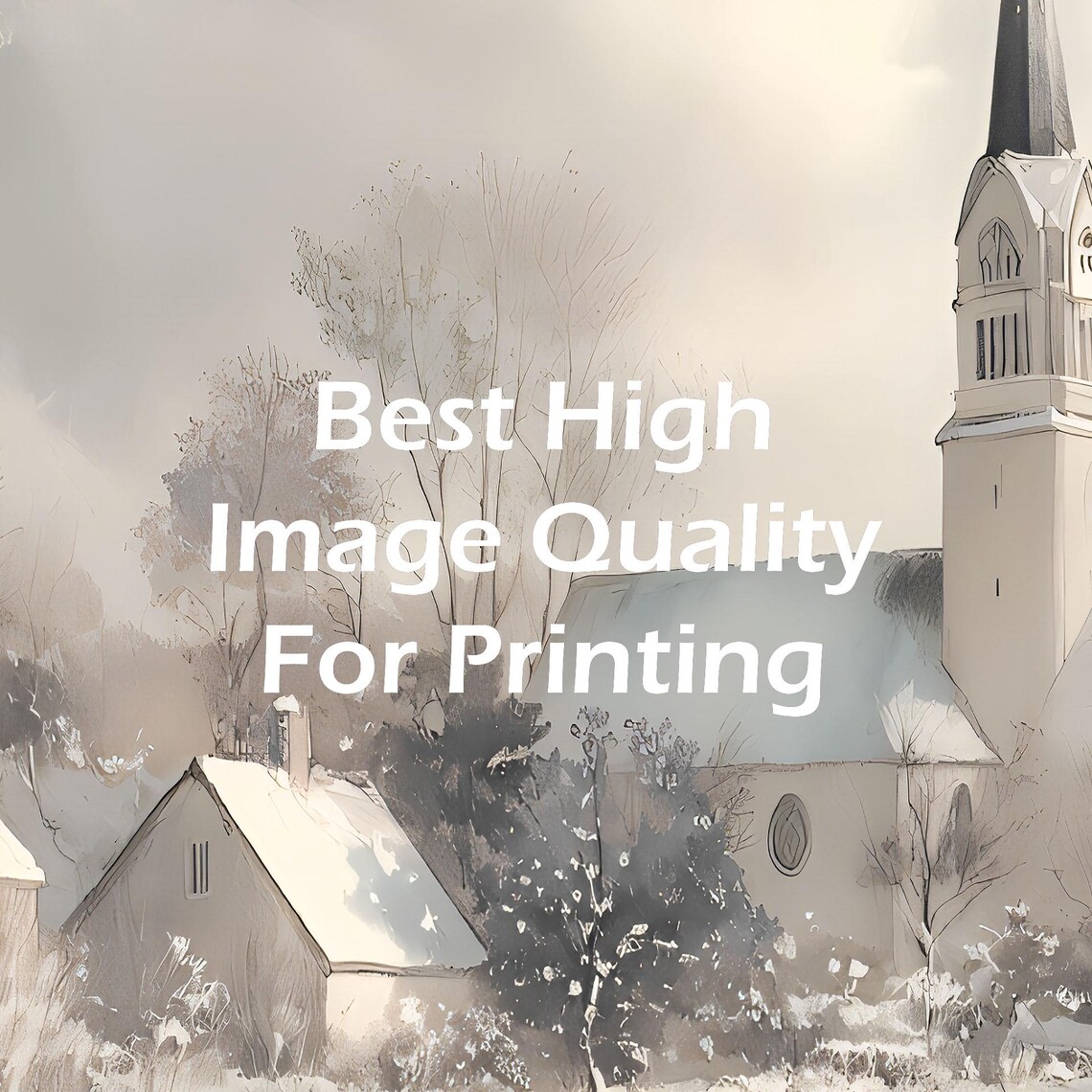Winter Church Skaters Pond Watercolor Village Snowy Scene Poster - Image 3