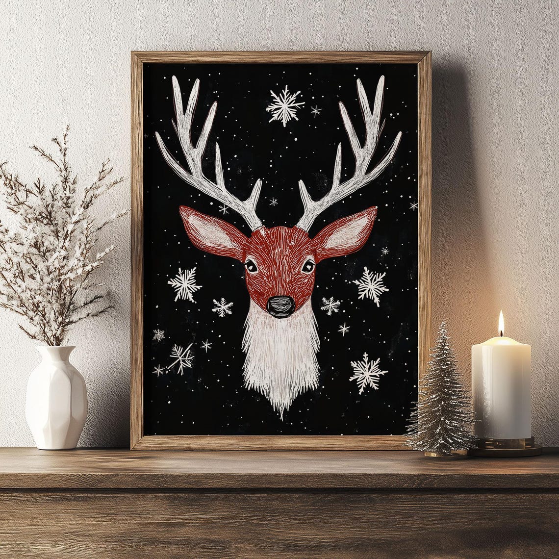 Red Deer Head Chalkboard Art with Snowflakes Black Christmas Poster - Image 3