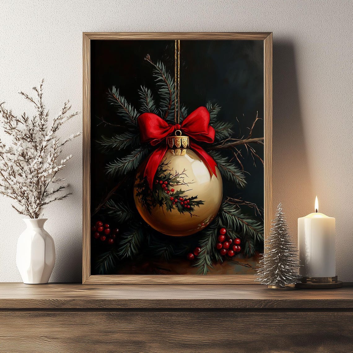 Gold Christmas Ornament With Red Bow Holly Berries Dark Poster - Image 2