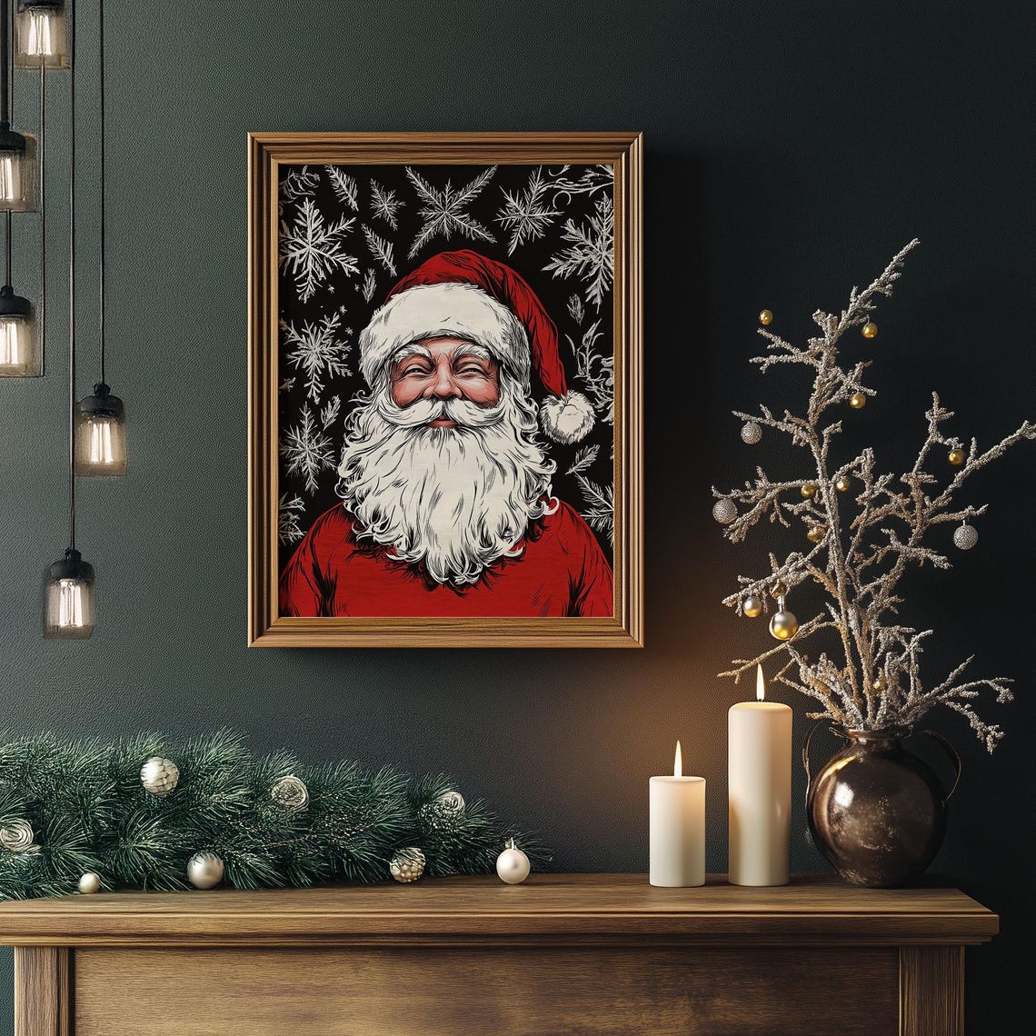 Smiling Santa Claus Portrait on Black Snowflake Background Poster - Image 4