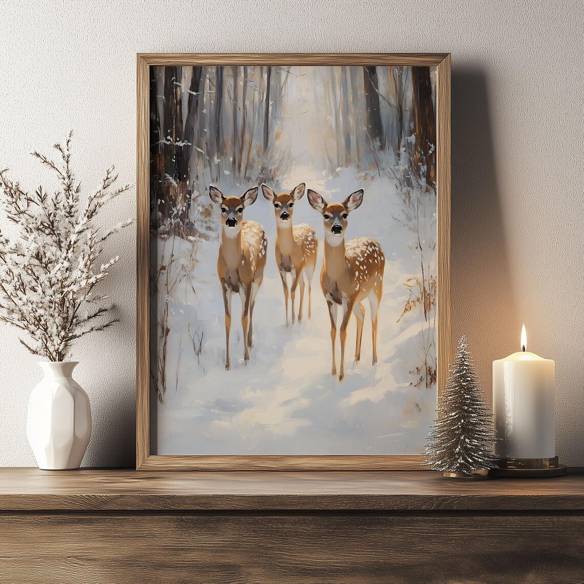 Three Deer Fawns in Snowy Winter Forest Vintage Wildlife Poster - Image 4