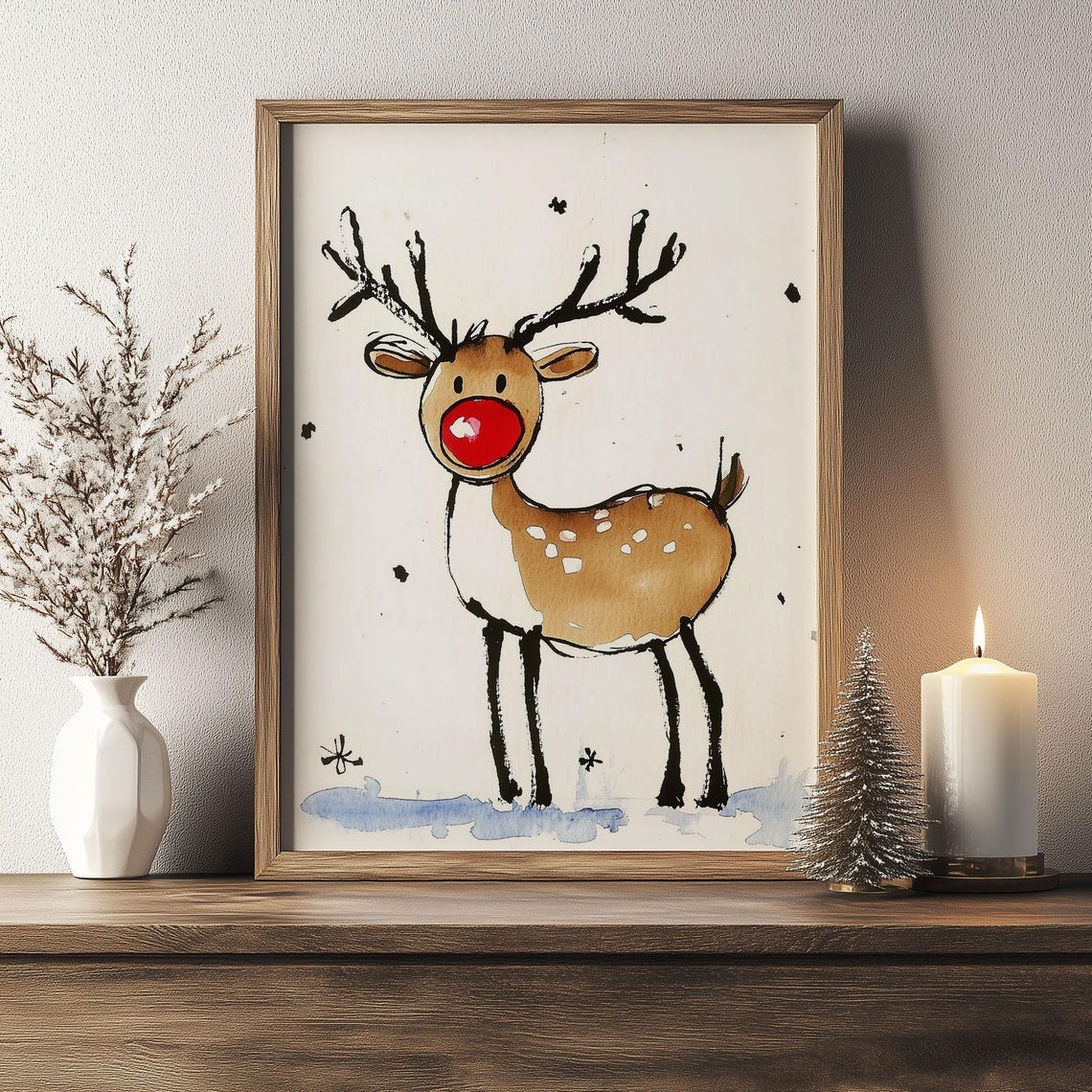 Cute Red Nose Reindeer Ink Watercolor Whimsical Christmas Poster - Image 7