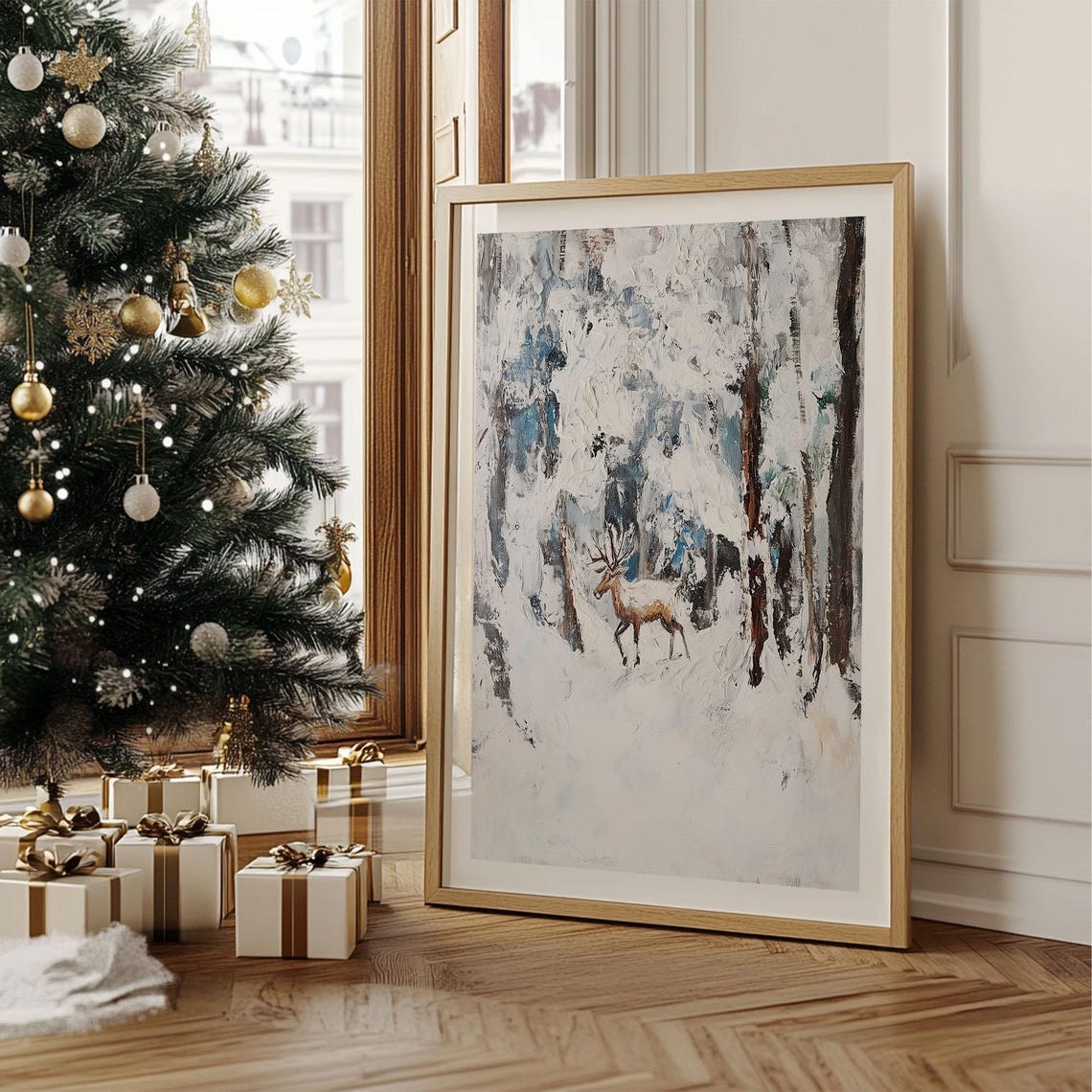 Impressionist Deer in Snowy Woods Heavy Texture Winter Art Poster - Image 4