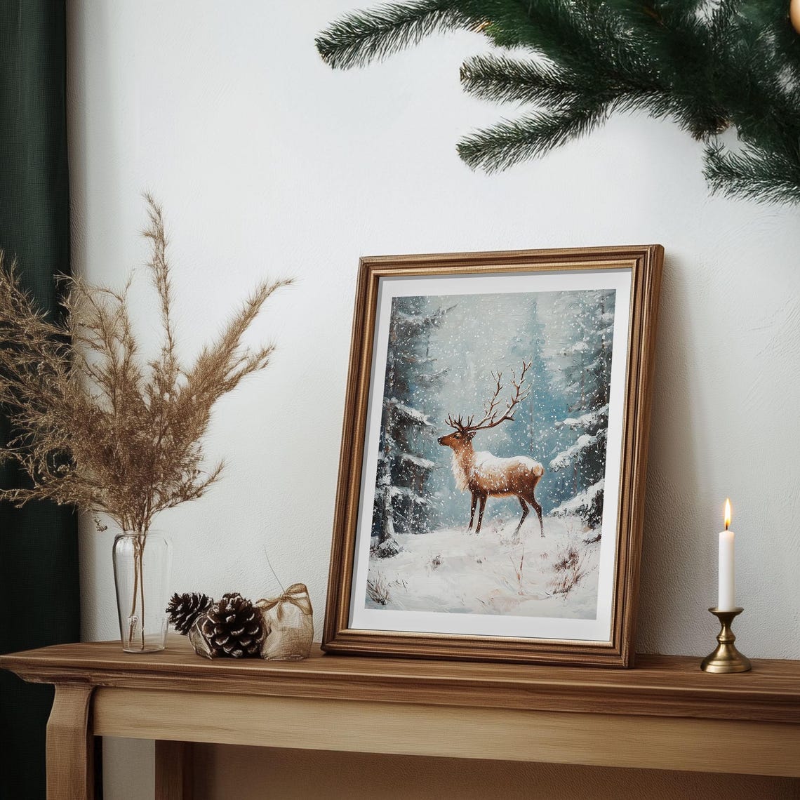 Majestic Stag in Snowy Forest Impressionist Winter Wildlife Poster - Image 4