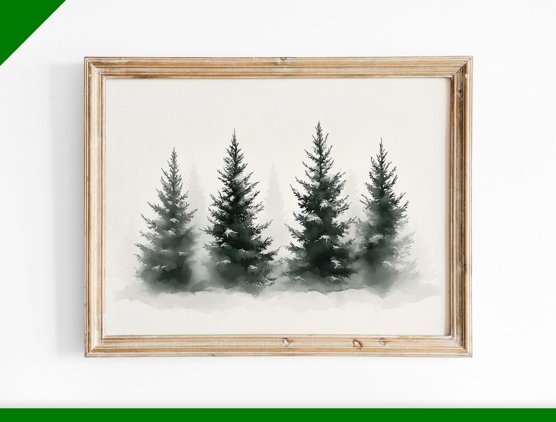 Five Misty Pine Trees Minimalist Foggy Winter Watercolor Poster