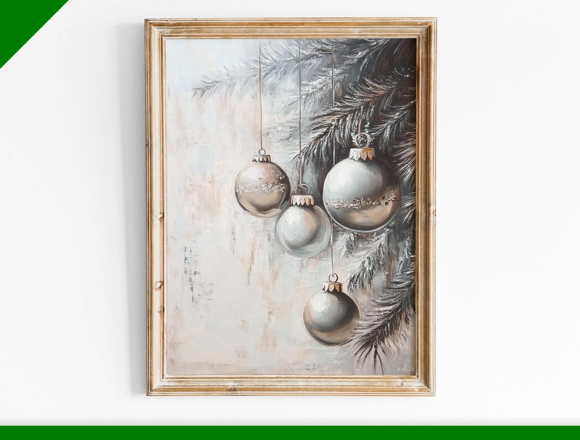Silver Baubles Hanging Among Frosted Branches Elegant Christmas Poster