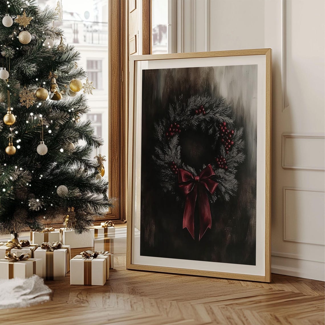 Frosted Pine Wreath with Red Berries and Burgundy Bow Christmas Poster - Image 2
