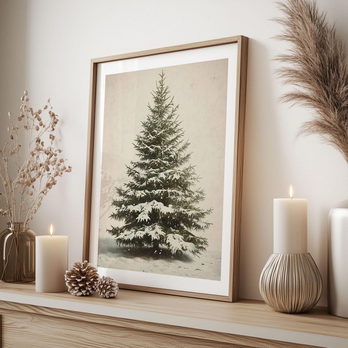 Minimalist Snowy Evergreen Tree on Cream Vintage Botanical Poster - Image 6