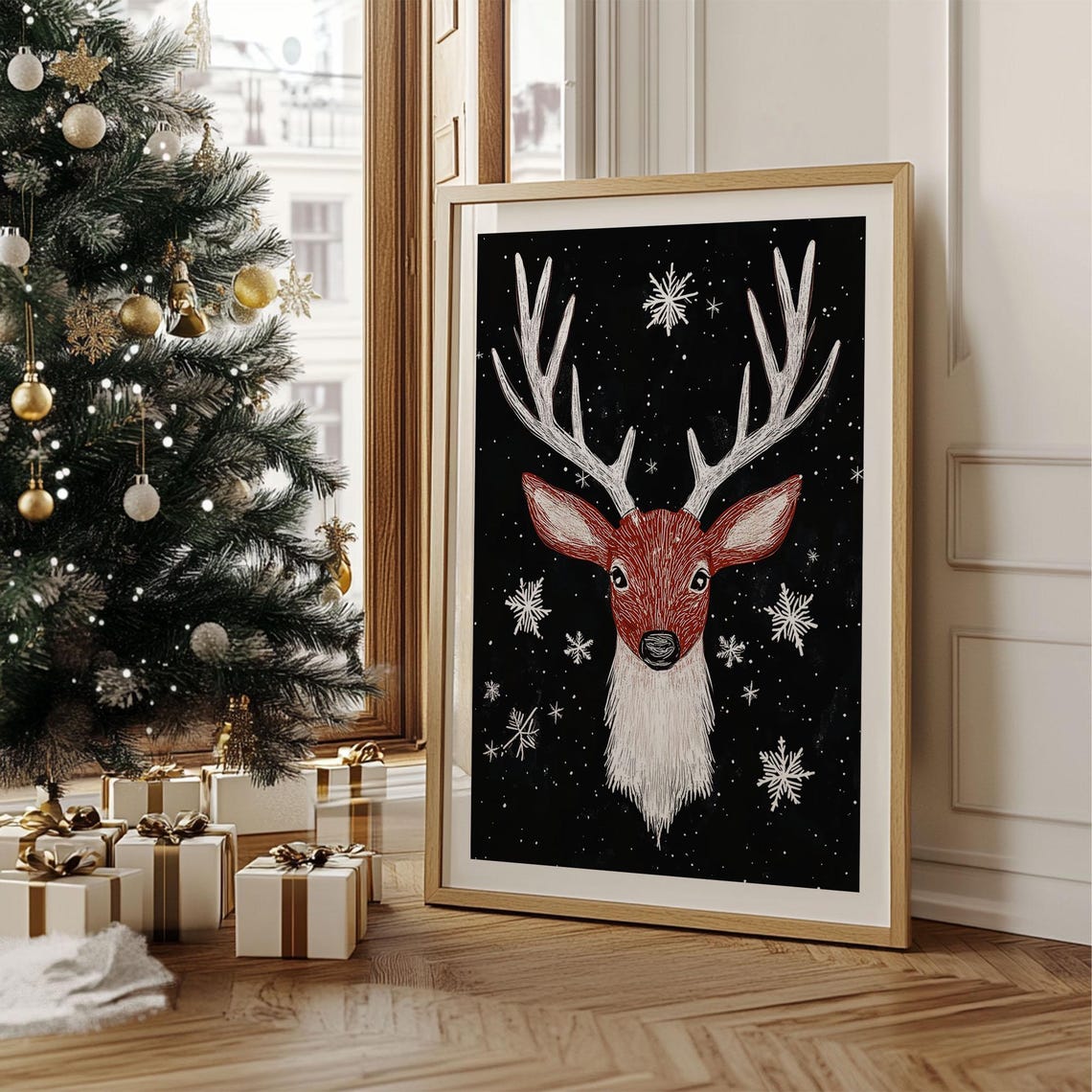Red Deer Head Chalkboard Art with Snowflakes Black Christmas Poster - Image 5