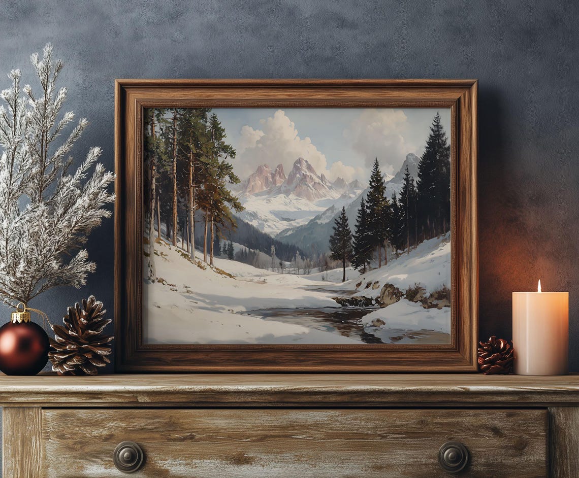 Winter Mountain Valley Stream Snowy Peaks Oil Painting Poster - Image 2