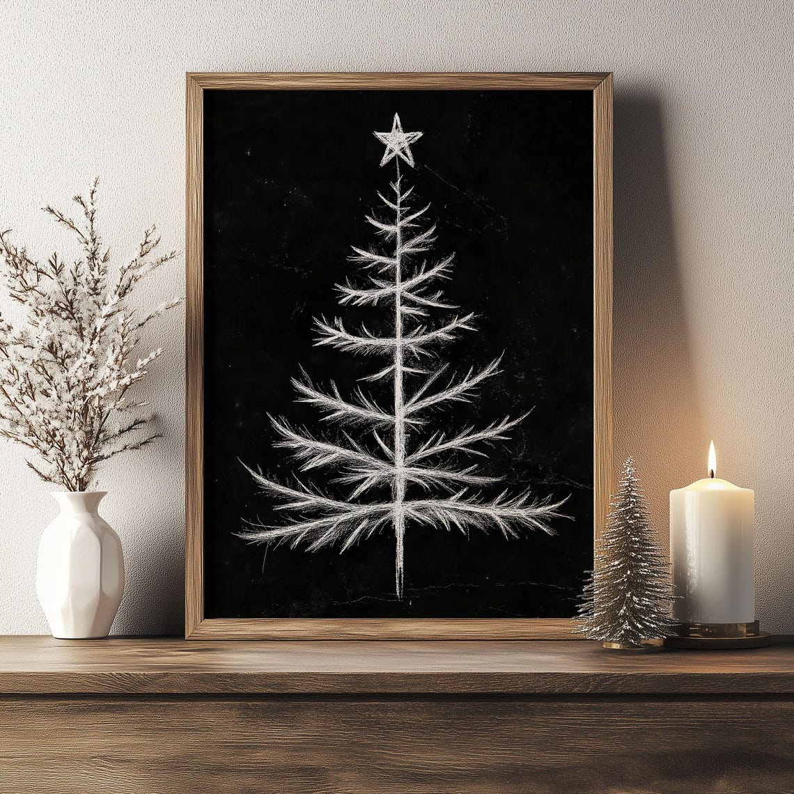 White Chalk Christmas Tree Drawing on Black Chalkboard Wall Art - Image 4