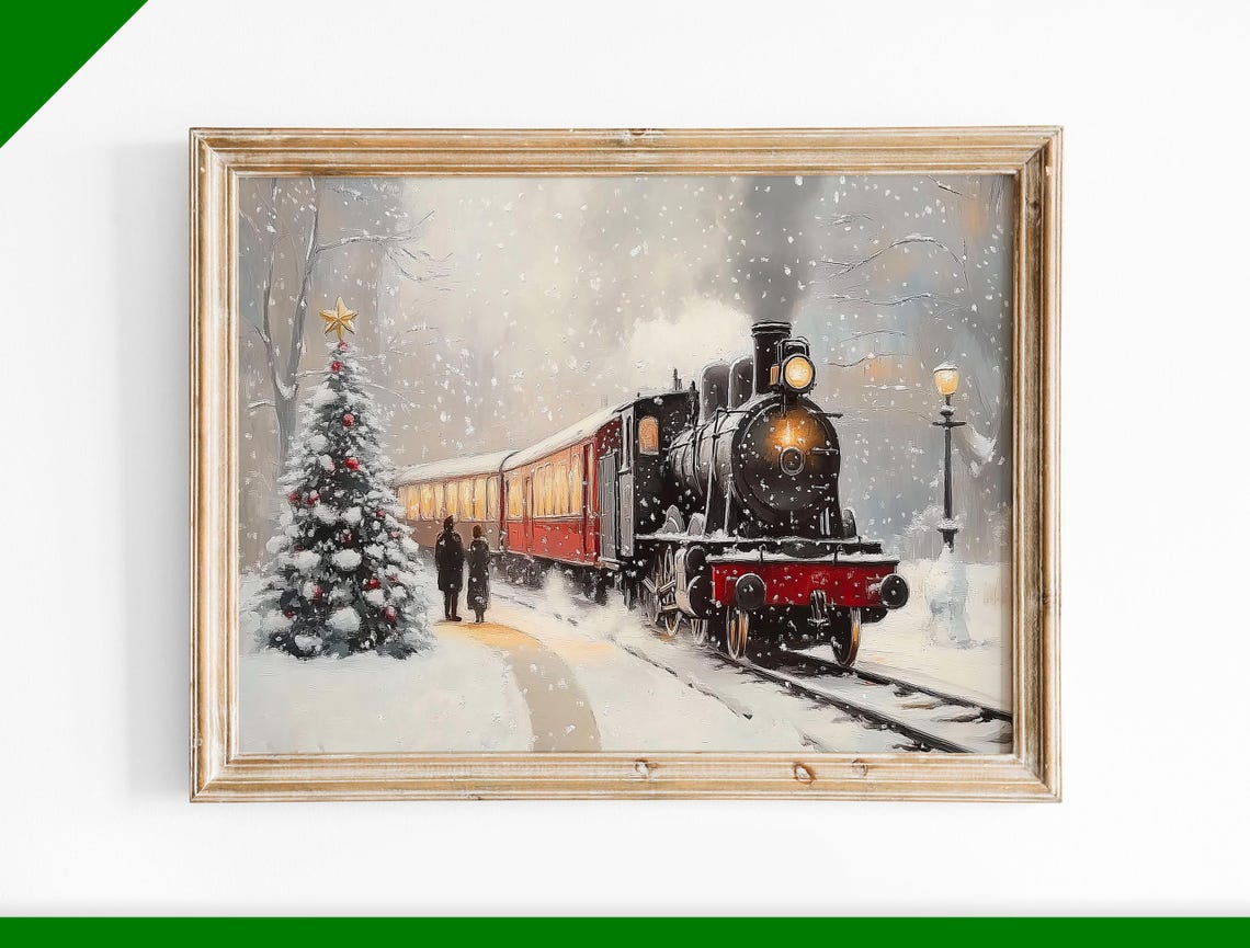Vintage Steam Locomotive in Falling Snow Christmas Tree Poster